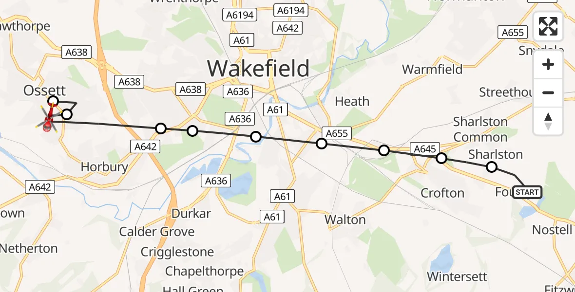 Flight route Air Ambulance Helicopter YAA Nostell Helicopter Port - Horbury, 05 July 2026, 10:34