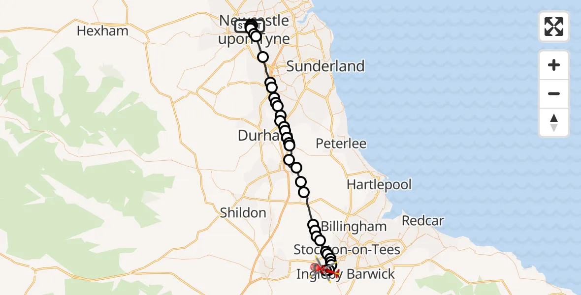 Flight route Air Ambulance Helicopter Newcastle Royal Victoria Infirmary - Longnewton, 05 July 2026, 10:39