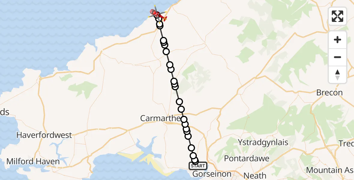 Flight route Air Ambulance Helicopter Dafen - New Quay, 05 July 2026, 10:59
