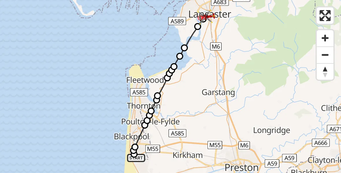 Flight route Air Ambulance Helicopter Blackpool Airport - Aldcliffe, 05 July 2026, 11:05