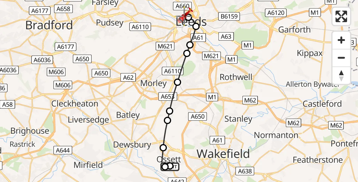 Flight route Air Ambulance Helicopter Ossett - Woodhouse, 05 July 2026, 11:14