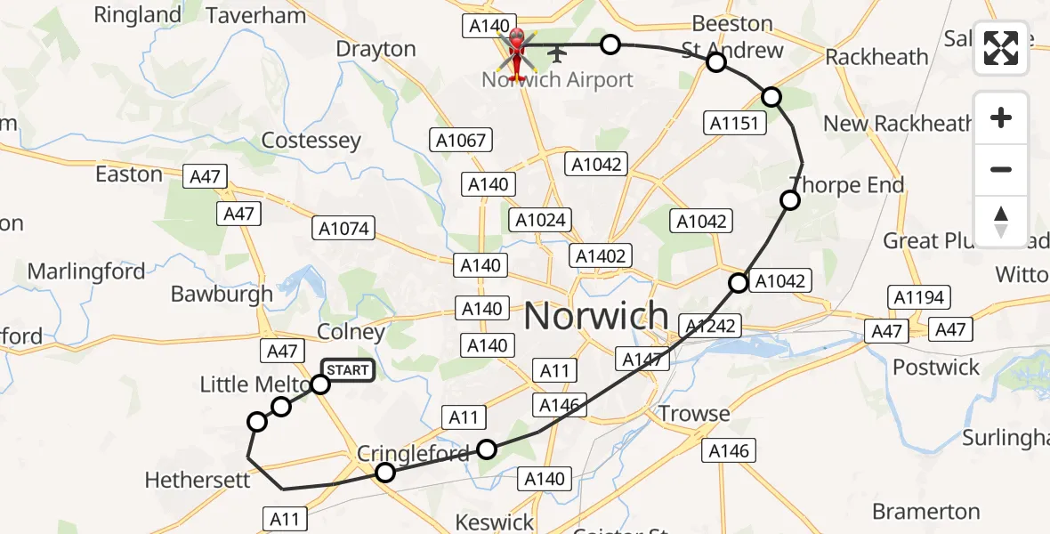 Flight route Air Ambulance Helicopter Norfolk & Norwich Hospital - Norwich Airport, 05 July 2026, 11:24
