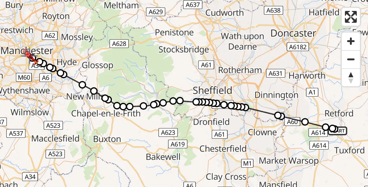 Flight route Air Ambulance Helicopter Retford Gamston Airport - Chorlton-on-Medlock, 05 July 2026, 11:31