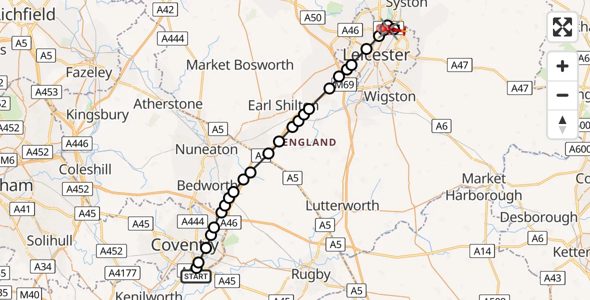 Flight route Air Ambulance Helicopter Coventry Airport - Rushey Mead, 05 July 2026, 11:33