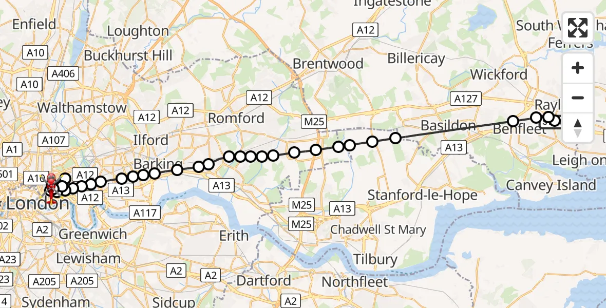 Flight route Air Ambulance Helicopter Hadleigh - Royal London Hospital, 05 July 2026, 11:33