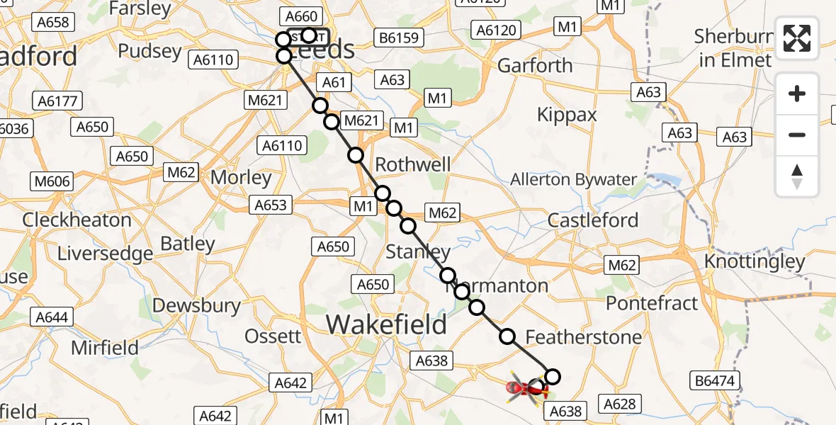 Flight route Air Ambulance Helicopter Woodhouse - YAA Nostell Helicopter Port, 05 July 2026, 11:52