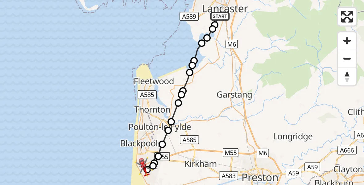 Flight route Air Ambulance Helicopter Aldcliffe - Blackpool Airport, 05 July 2026, 12:08