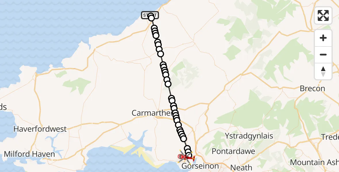 Flight route Air Ambulance Helicopter Llanarth - Dafen, 05 July 2026, 12:14