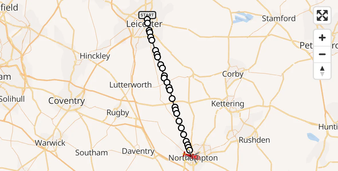 Flight route Air Ambulance Helicopter Belgrave - Northampton, 05 July 2026, 12:17