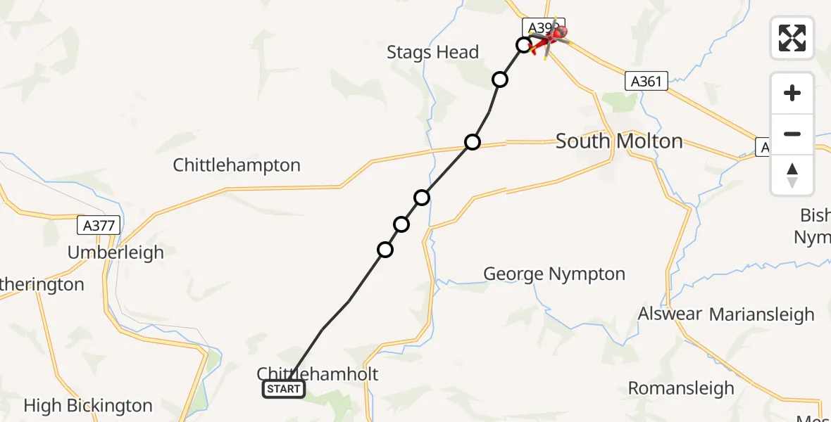 Flight route Air Ambulance Helicopter Chittlehamholt - North Devon, 05 July 2026, 12:21