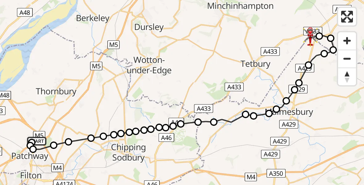 Flight route Air Ambulance Helicopter Almondsbury Helicopter Base - Cotswold Airport, 05 July 2026, 12:24