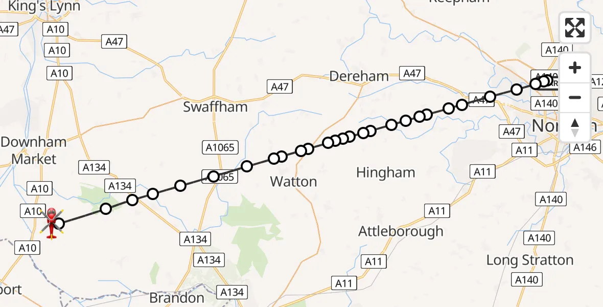Flight route Air Ambulance Helicopter Norwich Airport - Southery, 05 July 2026, 12:24