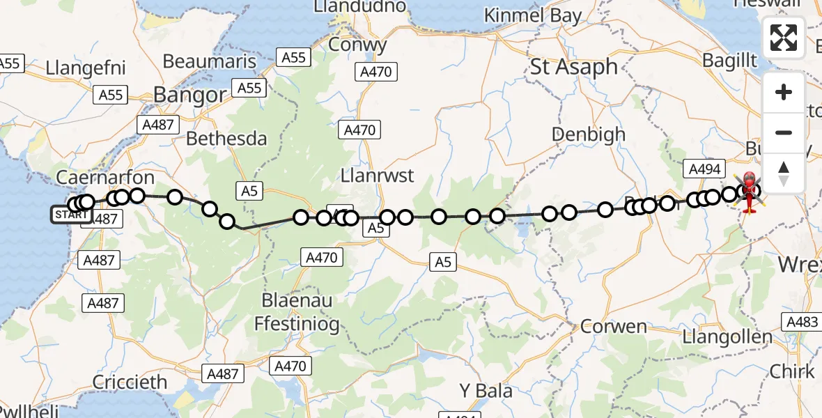 Flight route Air Ambulance Helicopter Caernarfon Airport - Treuddyn, 05 July 2026, 12:27