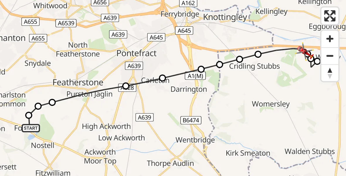 Flight route Air Ambulance Helicopter YAA Nostell Helicopter Port - Womersley, 05 July 2026, 12:33
