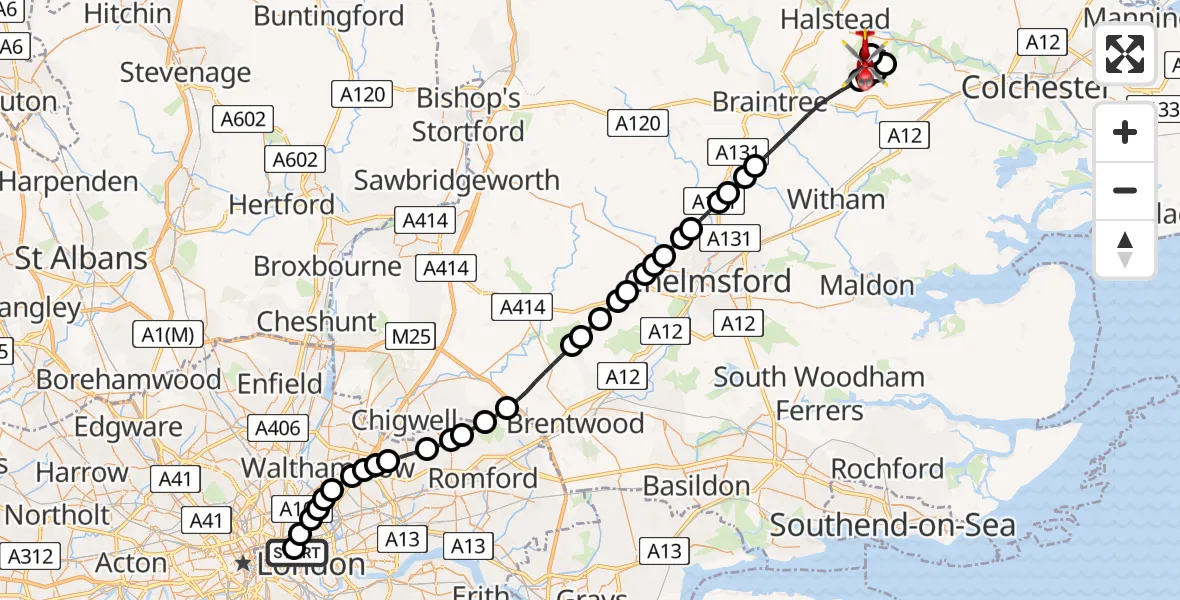 Flight route Air Ambulance Helicopter Royal London Hospital - Earls Colne Airfield, 05 July 2026, 12:40