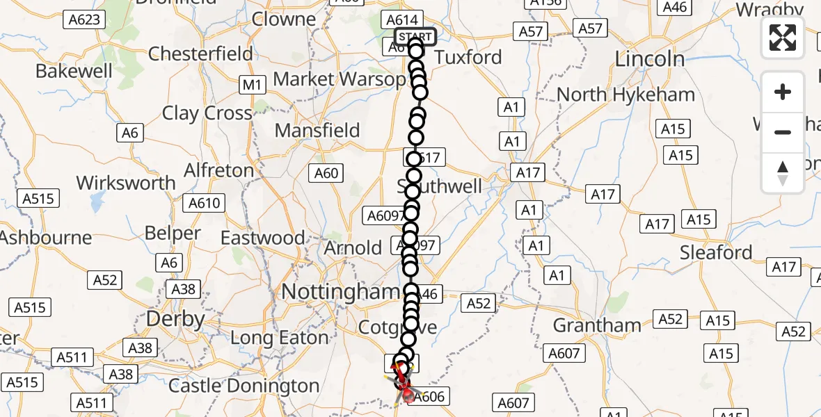 Flight route Air Ambulance Helicopter Bothamsall - Hickling, 05 July 2026, 12:43