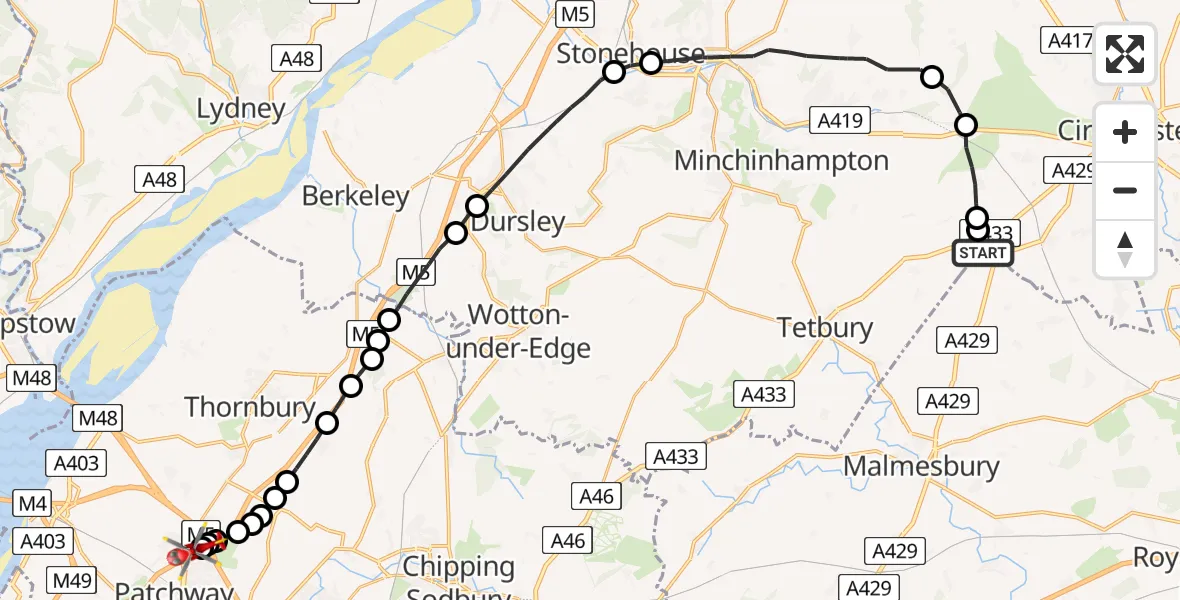 Flight route Air Ambulance Helicopter Cotswold Airport - Almondsbury Helicopter Base, 05 July 2026, 12:51