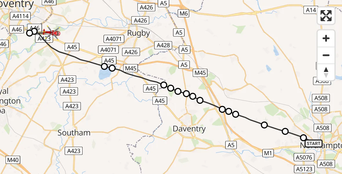 Flight route Air Ambulance Helicopter Northampton - Rugby, 05 July 2026, 13:03