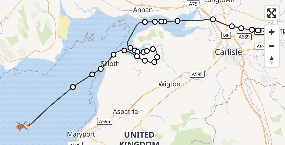 Flight route Coastguard Helicopter Carlisle Lake District Airport - Irish Sea, 05 July 2026, 13:06