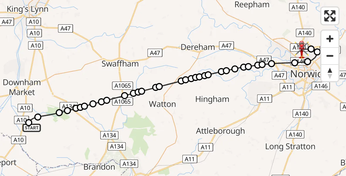 Flight route Air Ambulance Helicopter Southery - Norwich Airport, 05 July 2026, 13:10