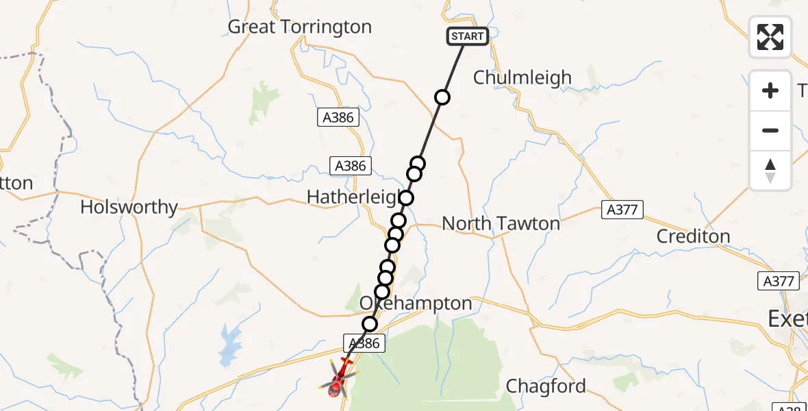 Flight route Air Ambulance Helicopter Burrington - Sourton, 05 July 2026, 13:17