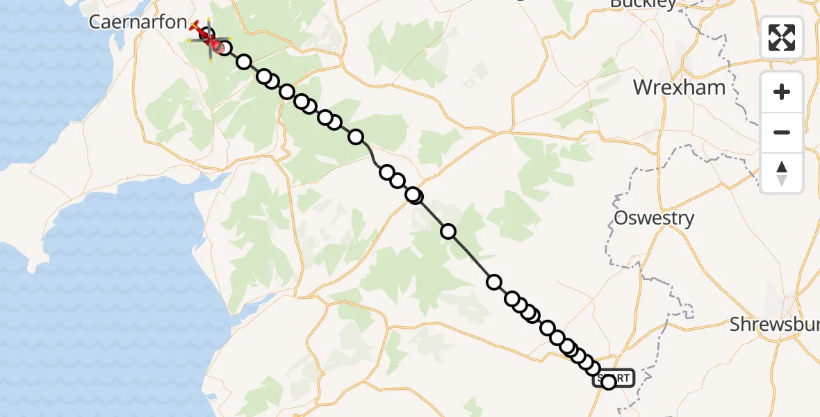 Flight route Air Ambulance Helicopter Welshpool Airport - Llanberis, 05 July 2026, 13:22