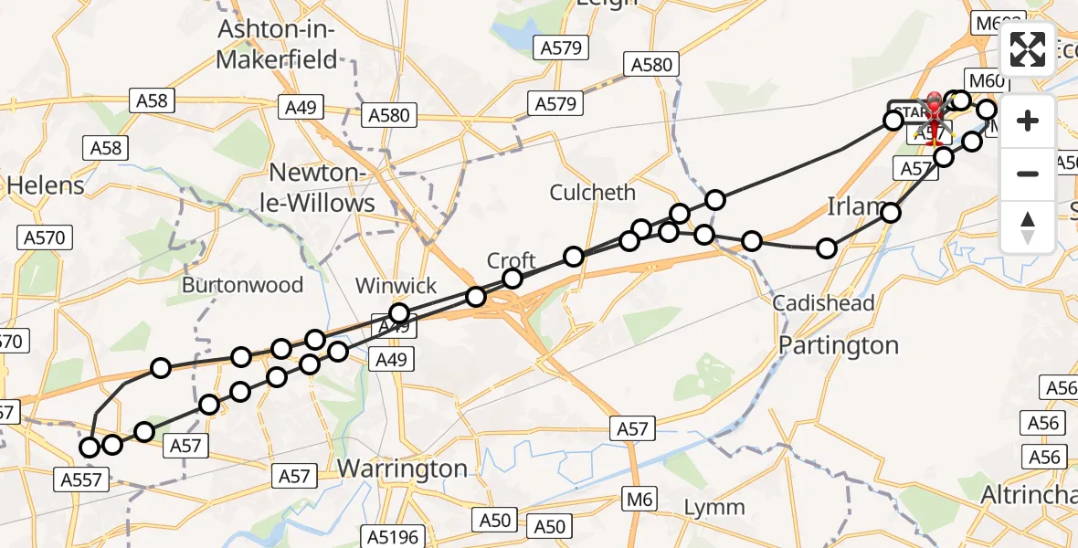 Flight route Air Ambulance Helicopter Manchester Barton Aerodrome - Manchester Barton Aerodrome, 05 July 2026, 13:29