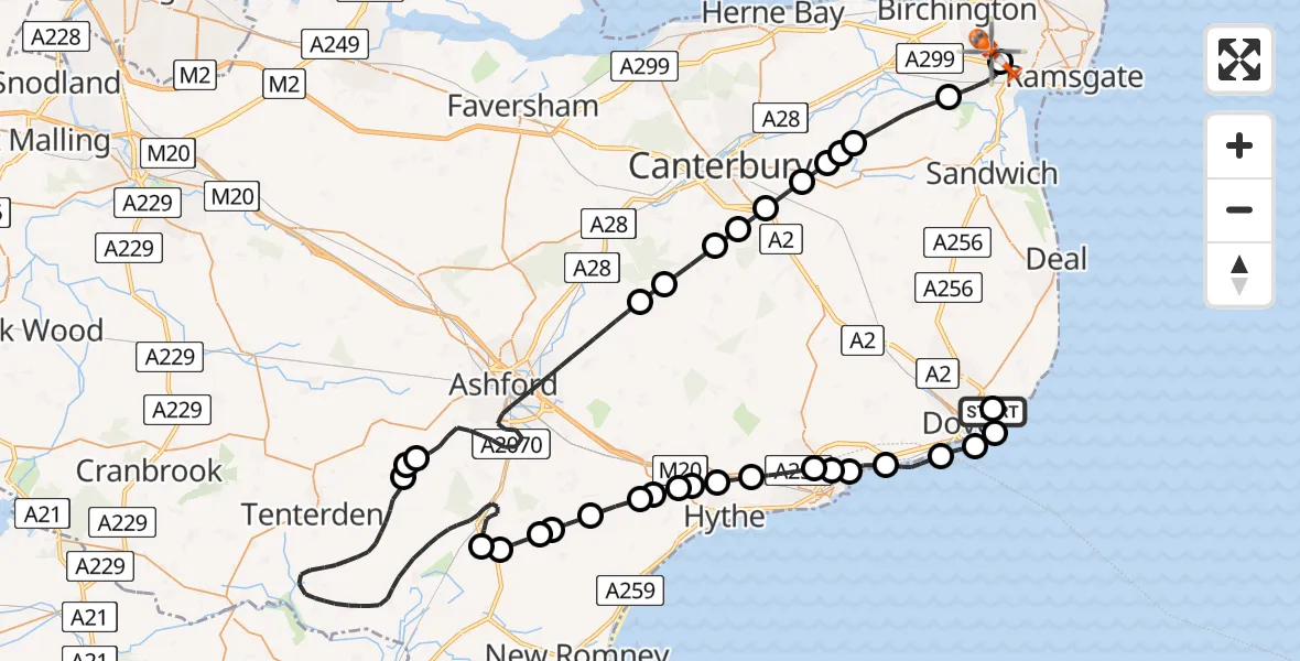 Flight route Coastguard Helicopter Langdon Battery Heliport - Manston Airport, 05 July 2026, 13:38