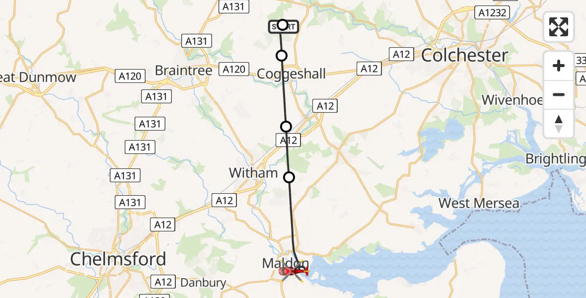 Flight route Air Ambulance Helicopter Earls Colne Airfield - Maldon, 05 July 2026, 13:55