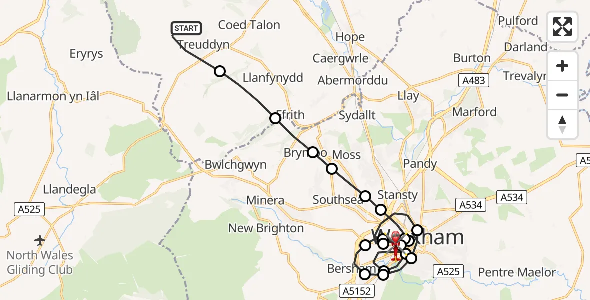 Flight route Air Ambulance Helicopter Treuddyn - Felin Puleston, 05 July 2026, 14:02