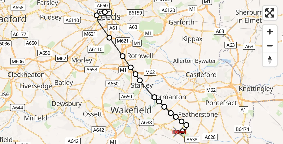 Flight route Air Ambulance Helicopter Woodhouse - YAA Nostell Helicopter Port, 05 July 2026, 14:12