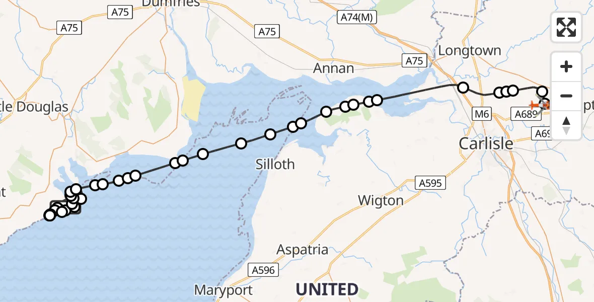Flight route Coastguard Helicopter Auchencairn - Carlisle Lake District Airport, 05 July 2026, 14:13