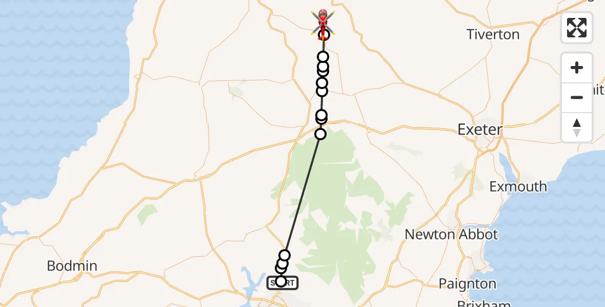 Flight route Air Ambulance Helicopter Roborough - Riddlecombe, 05 July 2026, 14:16