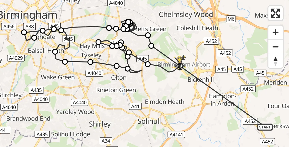 Flight route Police Helicopter Solihull - Birmingham Airport, 05 July 2026, 14:21