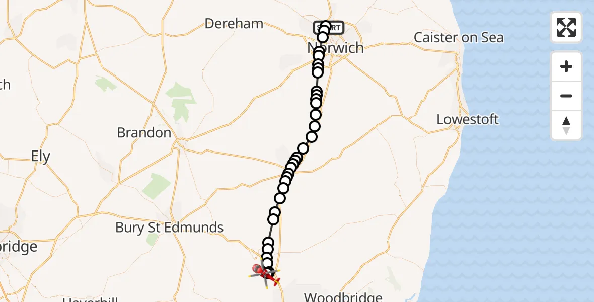 Flight route Air Ambulance Helicopter Norwich Airport - Needham Market, 05 July 2026, 14:28