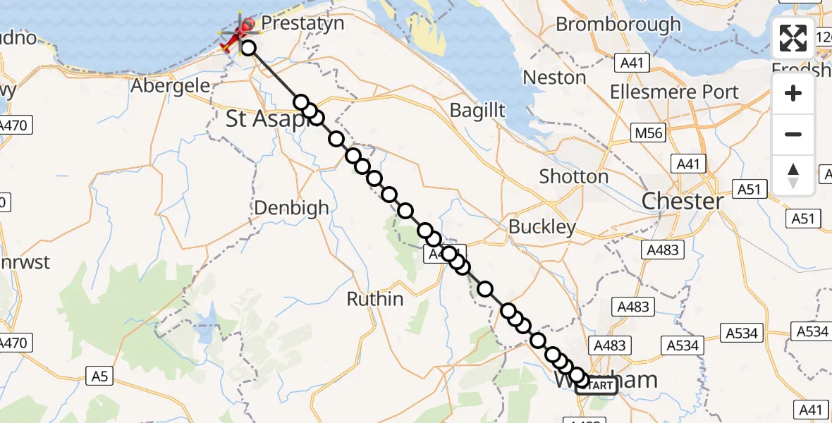Flight route Air Ambulance Helicopter Felin Puleston - Rhyl, 05 July 2026, 14:34