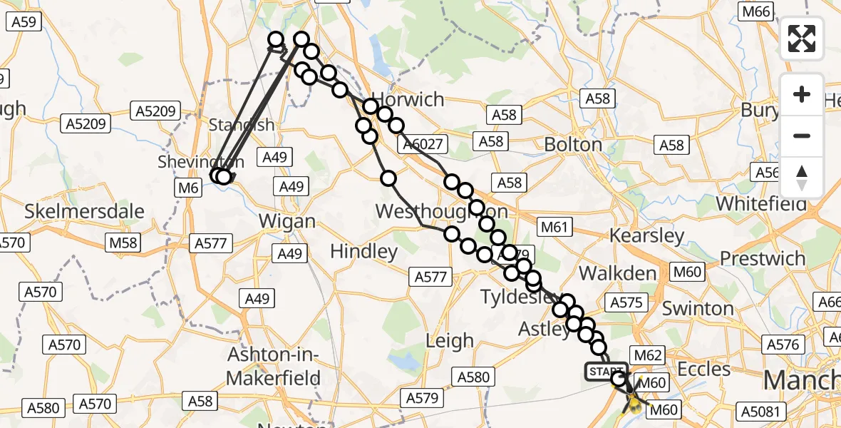 Flight route Police Helicopter Worsley - Manchester Barton Aerodrome, 05 July 2026, 14:49