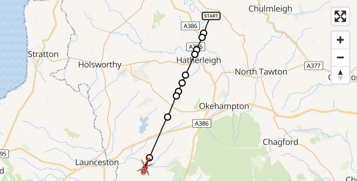 Flight route Air Ambulance Helicopter Dolton - Chillaton, 05 July 2026, 14:50