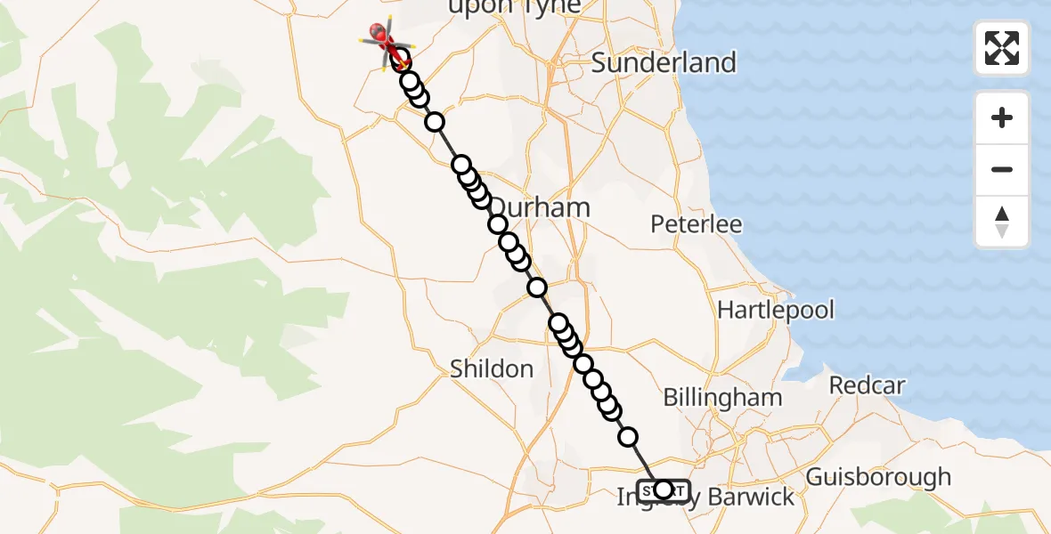 Flight route Air Ambulance Helicopter Egglescliffe - Gateshead, 05 July 2026, 14:59