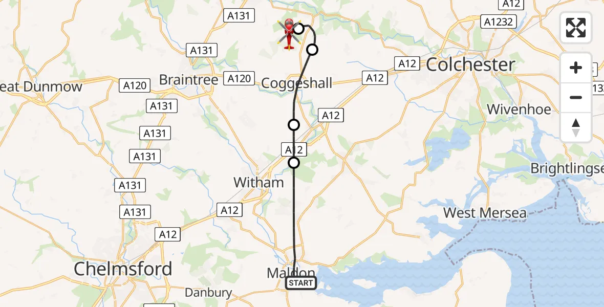 Flight route Air Ambulance Helicopter Maldon - Earls Colne Airfield, 05 July 2026, 15:06