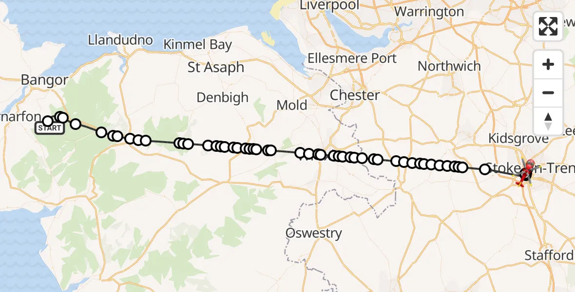 Flight route Air Ambulance Helicopter Llanberis - University Hospital North Staffs, 05 July 2026, 15:08