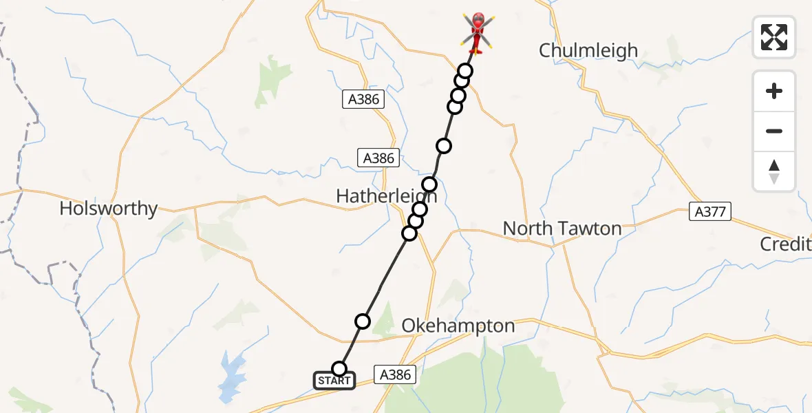 Flight route Air Ambulance Helicopter West Devon - Riddlecombe, 05 July 2026, 15:09