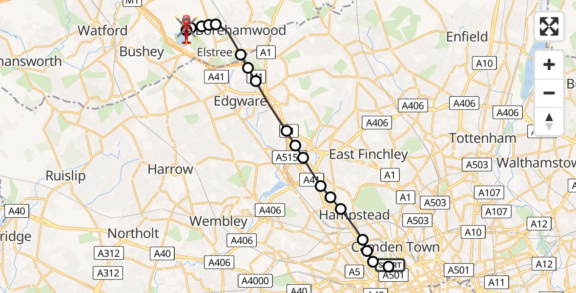 Flight route Air Ambulance Helicopter Chalk Farm - Elstree Airfield, 05 July 2026, 15:15