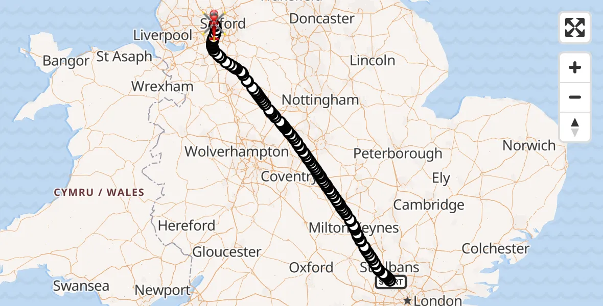 Flight route Air Ambulance Helicopter Elstree Airfield - Manchester Barton Aerodrome, 05 July 2026, 15:34