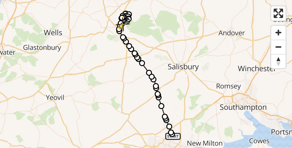 Flight route Police Helicopter Hurn - Westbury, 05 July 2026, 15:37