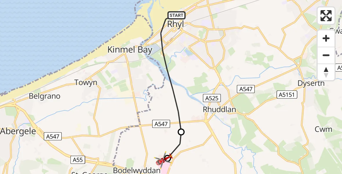 Flight route Air Ambulance Helicopter Rhyl - Rhyl, 05 July 2026, 15:38