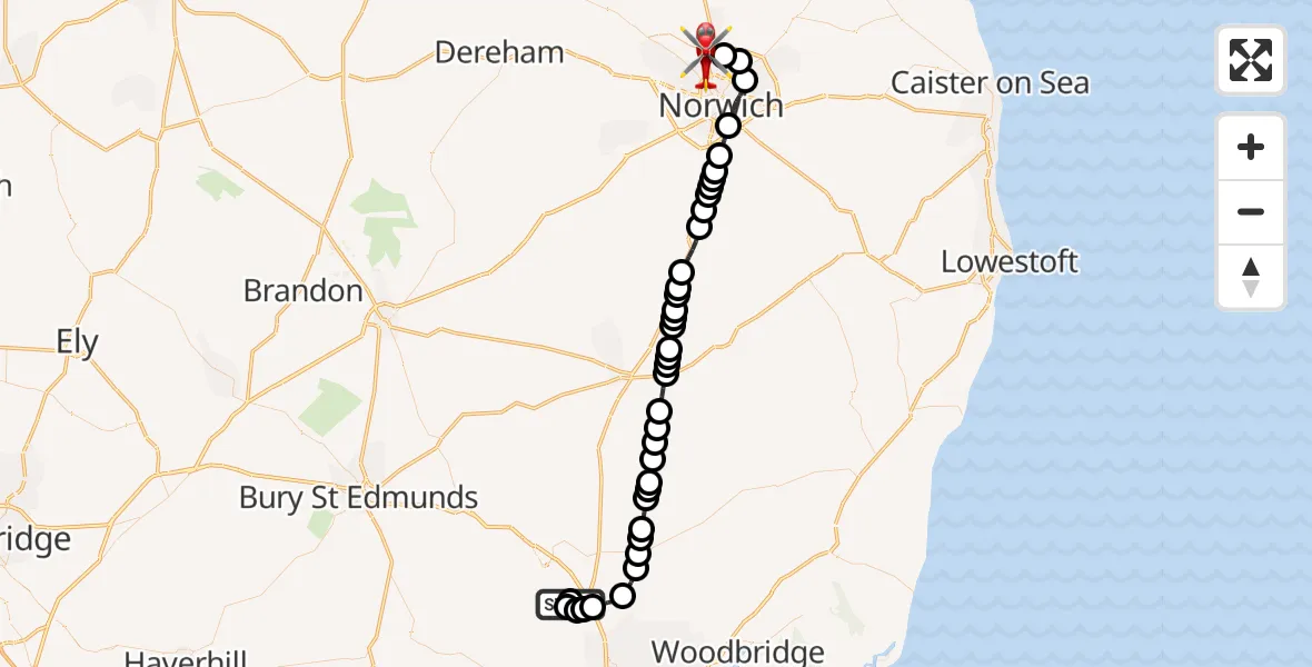 Flight route Air Ambulance Helicopter Barking - Norwich Airport, 05 July 2026, 15:40
