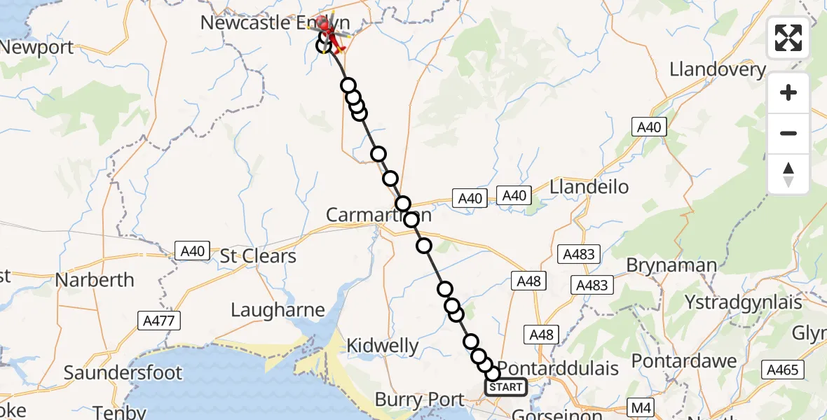 Flight route Air Ambulance Helicopter Dafen - Llangeler, 05 July 2026, 15:48