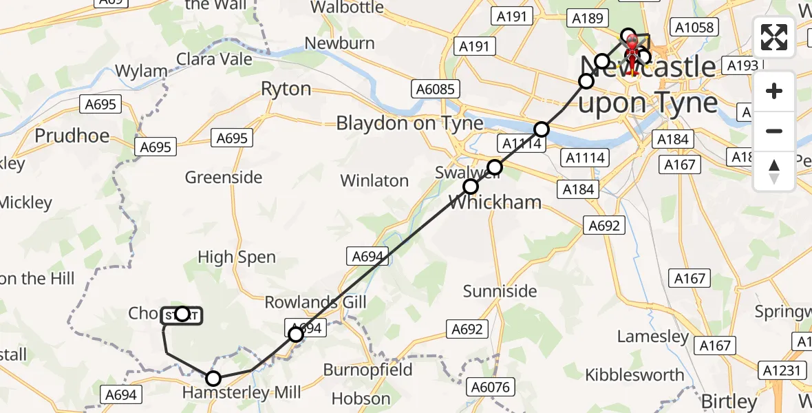 Flight route Air Ambulance Helicopter Gateshead - Newcastle Royal Victoria Infirmary, 05 July 2026, 15:59