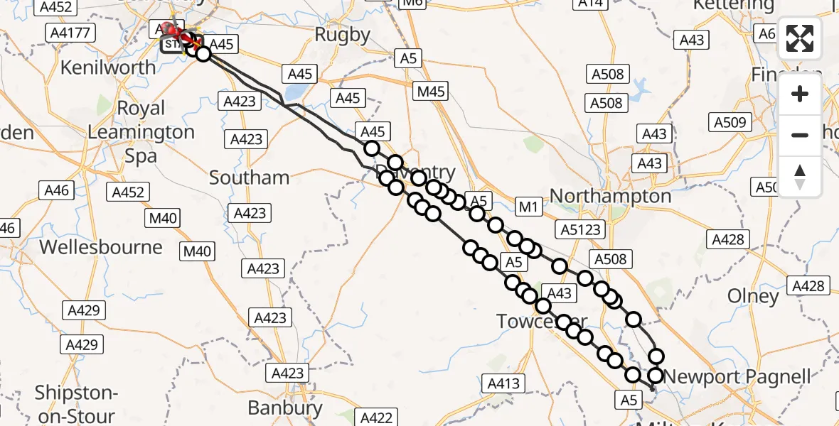 Flight route Air Ambulance Helicopter Coventry Airport - Coventry Airport, 05 July 2026, 16:00